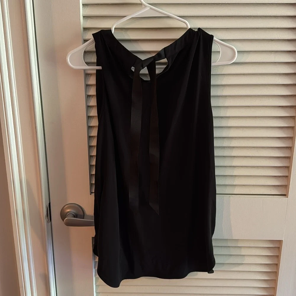 Elegant Black Drapey Blouse Keyhole cutout in front and in back with ribbon tie. - Picture 2 of 5